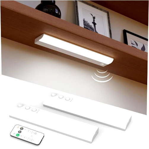 Vloee Rechargeable Under Cabinet Lights with Remote, Wireless Closet Lights Motion Sensored, Magnetic Light Bar Battery Powered Stick On Indoor Sensor Light, Under Counter LED Strip Lights for Kitchen Shelf