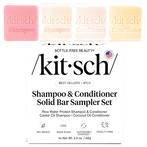 Kitsch Shampoo and Conditioner Set - 4pc Sampler Bars with Rice Water Shampoo and Conditioner, Castor Oil Shampoo & Coconut Oil Conditioner - Bottle-Free Beauty for Hair Growth, Repair & Moisture
