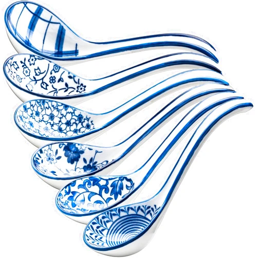 CHWAIKA Ceramic Soup Spoons Sets of 6 Asian Soup Spoons Long Curved Handle Japanese Soup Spoons for Ramen Pho Noodles Cereal (6PCS)