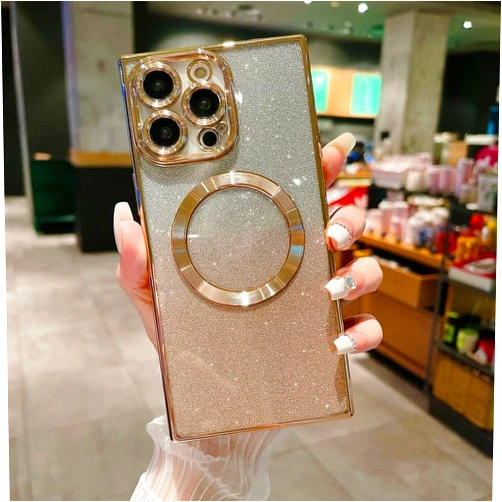 HPHRE Magnetic Square Case for iPhone 15 Pro Max Compatible with MagSafe, Glitter Bling Square Edge Cover with Camera Lens Protector Full Protection for iPhone 15 Pro Max
