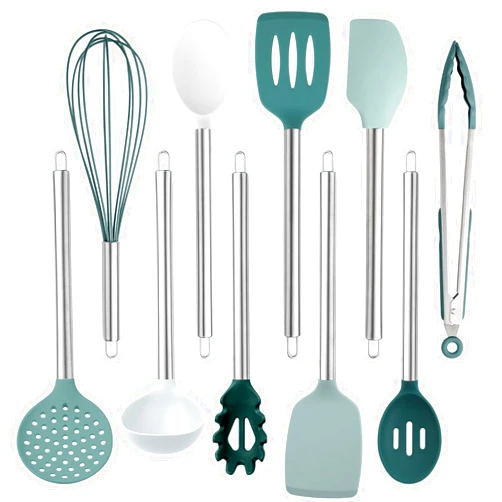 COOK WITH COLOR Silicone Cooking Utensils, Kitchen Utensil Set, Easy to Clean Silicone Kitchen Utensils, Cooking Utensils for Nonstick Cookware, Kitchen Gadgets Set, 10 Pieces, Teal