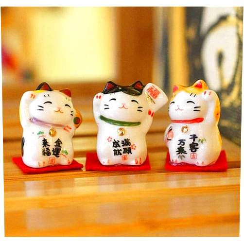 EatingBiting Set of 3 Japanese Ceramics Maneki Neko Lucky Fortune cat Figurines Waving Fortune Decor Ornaments for Home auto Gift