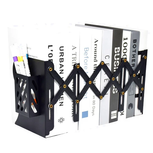 SAYEEC Adjustable Bookends Metal Book Ends with Pen Holder for Heavy Books 3 Dividers Expandable Desk Book Stand Stopper Rack Magazine Binder Organizer for Shelves Bookcase Office School Home (Black)