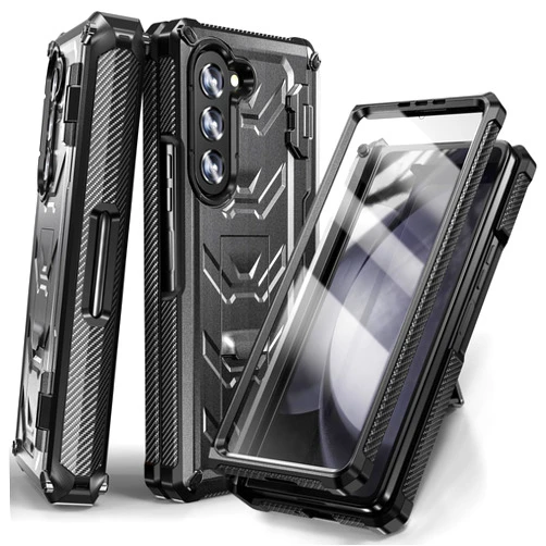 HAZARA Shockproof Case for Samsung Galaxy Z Fold 5, Carbon Fiber Hinge Cover, Tempered Screen Film, Wireless Charging Case,Black