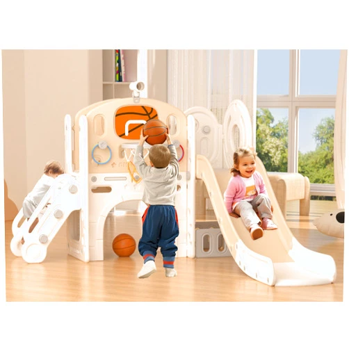 XJD 8 in 1 Toddler Slide Set, Kids Slide for Toddlers Age 1+, Toddler Climber Slide PlaySet with Basketball Hoop and Ball,Outdoor Indoor Playground for Toddlers 1-3 (Beige Coffee, 8 in 1)