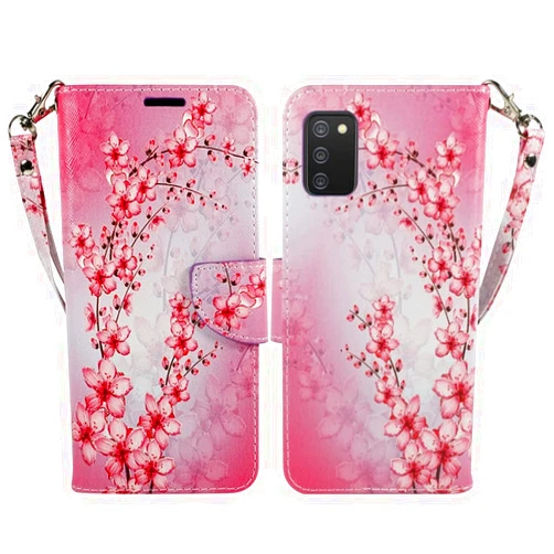 ZASE Samsung Galaxy A03s Wallet Phone Case for Women Pouch PU Leather Flip Folio Cute Design Cover w/Kickstand ID Card Slot Wrist Strap Compatible with Samsung Galaxy A03S (2022) (Pink Cherry Blossom)