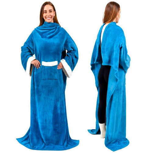 PAVILIA Fleece Blanket with Sleeves for Women Men Adults, Wearable Blanket Warm Soft Plush, Hug Sleep Pod Snuggle Pocket Sleeved TV Throw Wrap, Cozy White Elephant Gifts Ideas for Mom Wife, Teal Blue