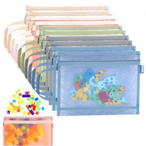 Meejaa 10 Packs Toy Storage Bags, Colored Toy Organizing Bag, 2Layers Mesh Zipper Pouch, for Building Blocks, Puzzles, Board Games Storage and Organization (A4)