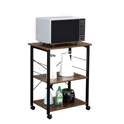 VINGLI Kitchen Cart, 3 Tier Standing Baker's Rack Utility Storage Shelf Microwave Oven Stand with 10 S-Shape Hooks Rolling Lockable Caster (Brown & Black)