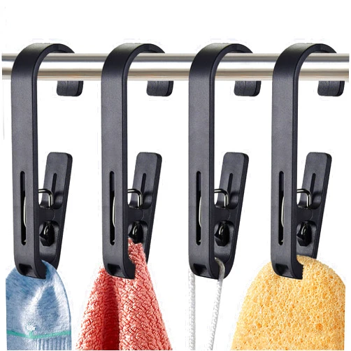 XoYoZo Laundry Hooks with Clips Hanger Closet Organizer Clamps Socks Boot Bras Towels for Bathroom Wardrobe Kitchen Office 4Pcs (Black)