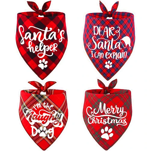 Remifa 4 Pack Dog Christmas Bandanas - Classic Triangle Merry Christmas Printing Plaid Xmas Fall Pet Scarf Bibs Kerchief Gifts Set - Pet Holiday Accessories Decoration for Small to Large Puppy Dogs Cats