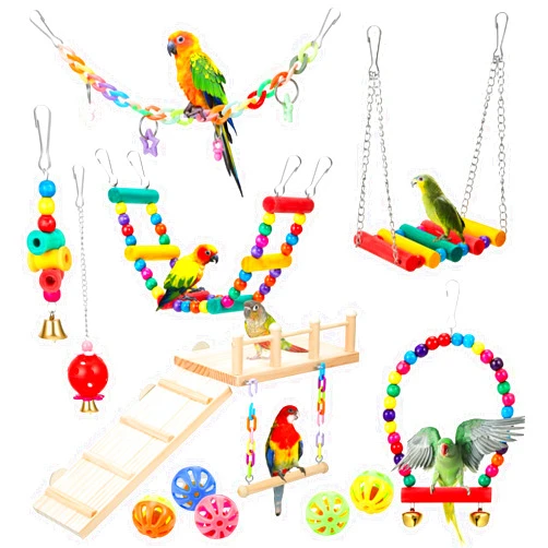 Sonwyoung 12 Pcs Parrot Swing Toys and Wooden Bird Perches Platform with Climbing Ladder Colorful Chewing Standing Hanging Parakeet Toy Bird Cage Accessories for Budgerigar Cockatiel Conure Love Birds