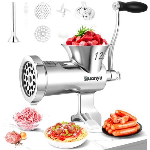 Huanyu Meat Grinder Manual Stainless Steel Meat Mincer Sausage Stuffer Filler Handheld Meat Ginding Machine Multifunctional Attachments Household for Chicken,Beef,Small Bone,Chili NO12