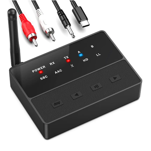 Bomivoi Bluetooth 5.3 Transmitter for TV, aptX Low Latency HD Bluetooth Receiver for Home Stereo, Bluetooth Audio Adapter for 2 Headphones, AUX/RCA Bluetooth Adapter for Music Streaming Sound System