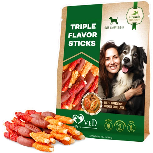 Beloved Pets Triple Flavor Dog Rawhide Treats - Duck & Chicken Human Grade Meat - Natural Pet Dried Snacks - Grain Free Long Lasting Chews for Large & Small Dogs - Best Sticks for Healthy Teeth