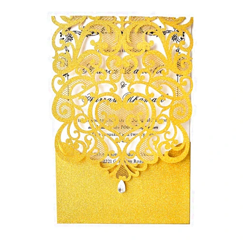 Hosmsua 50PCS Blank Wedding Invitation Cards 5 x 7.3 Inch Gold Laser Cut Hollow Heart Floral Invitation with Rhinestone pockets invitations for Engagement Quinceanera Invite (Gold Glitter)