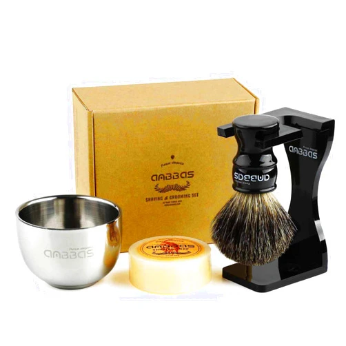 Anbbas Shaving Set, 4in1 Anbbas Pure Black Badger Shaving Brush with Long Resin Handle and Acrylic Thicken Shaving Stand,Soap Bowl Stainless Steel and Goat Milk Shaving Soap 100g Men Gift Kit