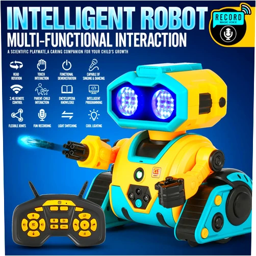 Toylefun Intelligent Multi-Functional RC Robot Toy, Head Rotation, Touch Interaction, 2.4G Remote Control, Singing and Dancing, Flexible Joints, Fun Recording, Light Switching, (Round Head AI Robot)