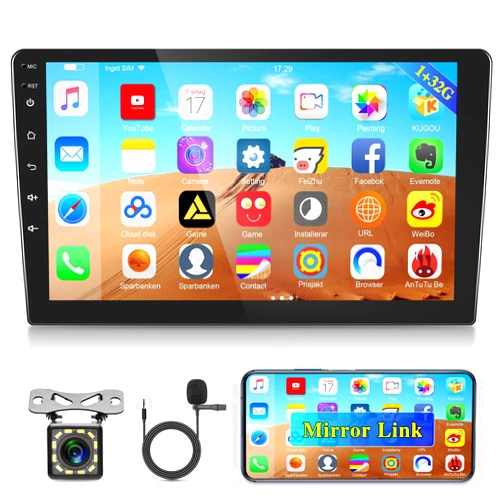EKAT 10.1 inch Android Double Din Car Stereo, [1G+32G] Touch Screen Android Radio with Wireless&Wired Mirror Link/1080P/EQ/WiFi/SWC/Bluetooth +Backup Camera+MIC