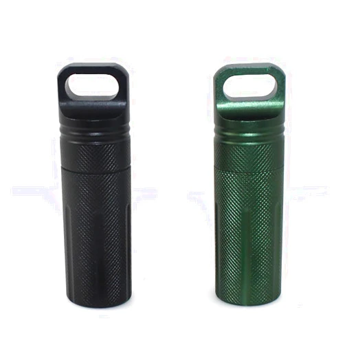 SENHAI Air-Tight EDC Accessory Case Waterproof Pill Capsule Fob Bottle, 2 Pack Aluminum Outdoor Dry Containers Match Seal Storage Case, with 2 Locking Carabiners - Black, Green