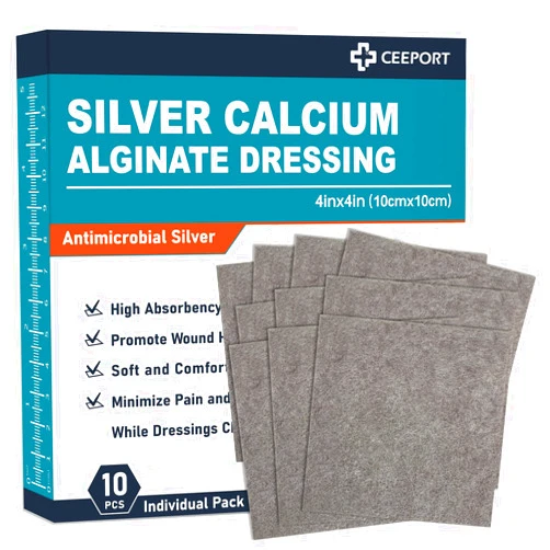 Ceeport Ag Silver Calcium Alginate Wound Dressing Pads, 4''x4'' Patches, 10 Individual Pack, Soft Silver Dressings for Wound Care, Gentle Highly Absorbent Dressing, Non Stick Gauze Pads for Wounds