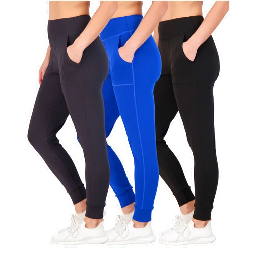 Real Essentials 3 Pack: Women's Joggers with Pockets - High Waist Workout Yoga Tapered Athletic Leggings (Available in Plus)
