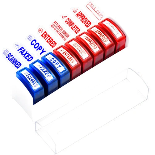Bertiveny Self Inking Office Stamp Set for Approved Paid Completed Copy Faxed Scanned Stamps, Rubber Business Stamp 8 PCS with Plastic Tray Message Account Stamp Paper Work Text Ink Stampers