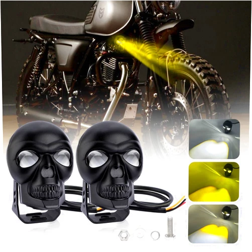 1797 Skull Motorcycle LED Fog Lights Pod Spotlight Amber White Auxiliary Lighting Skeleton Goth Light Fit Truck Pickup ATV UTV Off Road Golf Cart 12V 48V 38W 3000LM 2PCS