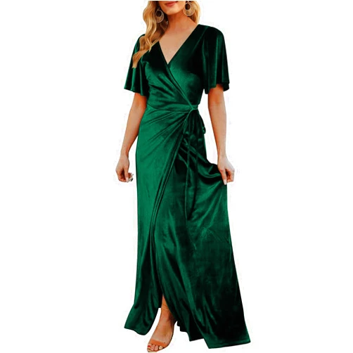 CYiNu Women's Wrap Velvet Maxi Dress V Neck Bell Sleeve Split Elegant Cocktail Party Dress