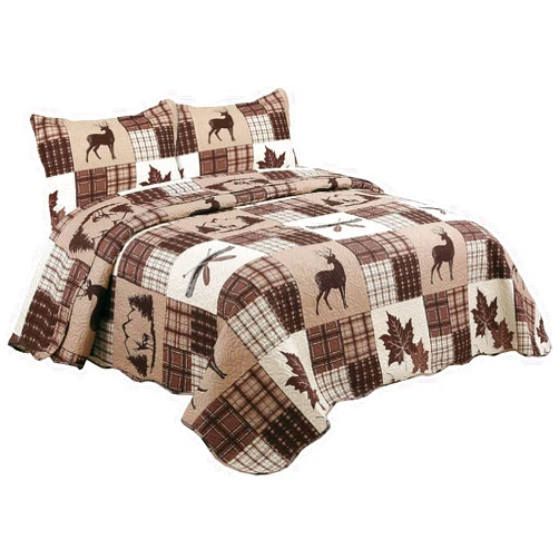 Sazana Quilt Plaid Reversible Lodge Cottage Printed Patch Bedding Coverlet 3 Piece Set with 2 Pillow Shams Brown