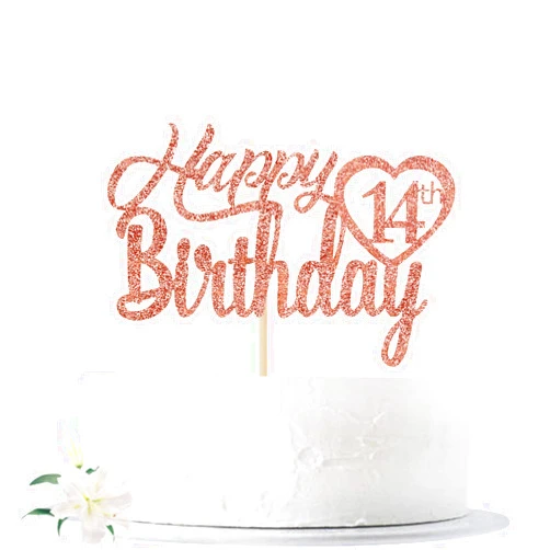 Nanvin Happy 14th Birthday Cake Topper, Hello 14, Cheers to 14 Years, 14 Years Old Birthday/Anniversary Party Decoration Supplies, Rose Gold Glitter