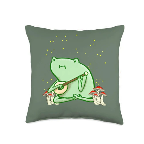 BoredKoalas Frog Throw Pillow Gifts Frog Playing Guitar Cottagecore Mushroom Guitarist Musician Throw Pillow