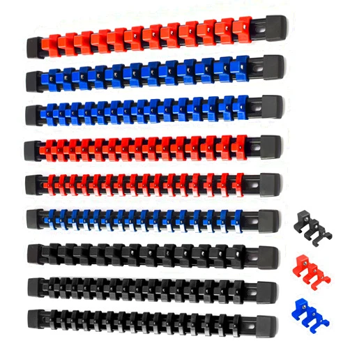 ALOANES 9PC ABS Socket Organizer, 1/2 inch, 3/8 inch and 1/4 inch Drive Socket Rail Holders, Heavy Duty Socket Racks, Black Rails with Red Blue Black Clips