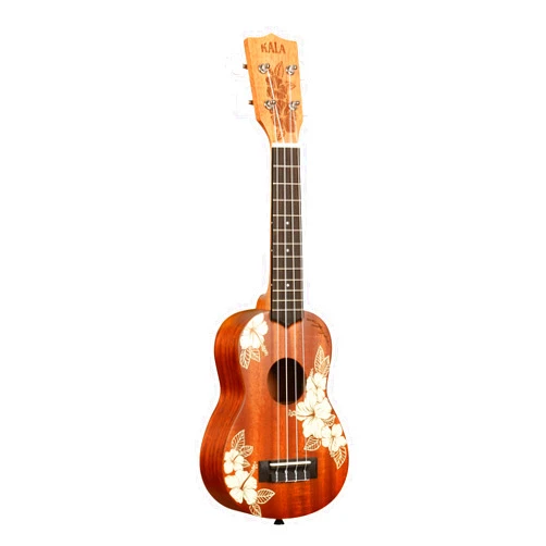 Kala Brand Music Co., 4-String Ukulele, Right, Stained Mahogany with Ivory Graphic, Soprano (KA-Hibiscus-S_W/Bag)