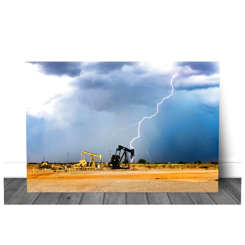 Southern Plains Photography Storm Metal Print (Ready to Hang) Photo on Aluminum of Lightning Strike Behind Pump Jacks on Stormy Day in Oklahoma Thunderstorm Wall Art Oilfield Decor (11