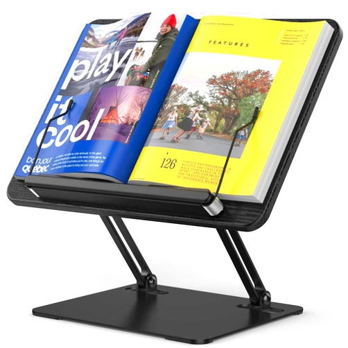 BESIGN BS01 Book Stand for Reading, Adjustable Book Holder, Ergonomic Laptop Stand with Elastic Page Clips for Music Scores, Recipe, Tablet, Laptop (Black)
