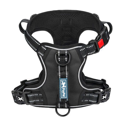 PoyPet No Pull Dog Harness, No Choke Front Clip Reflective Dog Vest with Soft Padded Vertical Handle, 3 Leash Attachments for Small Medium Large Dogs (Black,M)