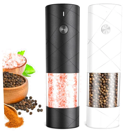 FRTONYI Electric Salt and Pepper Grinder Set, Rechargeable Automatic Pepper Mill Grinder with LED Light, Adjustable Coarseness shakers, One-Hand Operation for Kitchen(2 Pack, Upgrade Black+White)