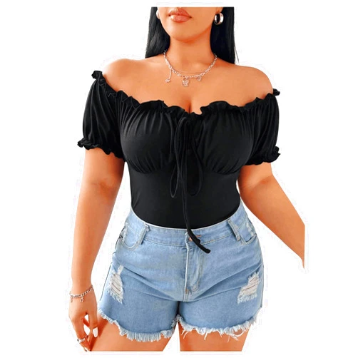 WDIRARA Women's Plus Size Off The Shoulder T Shirt Tie Front Puff Sleeve Tee Ruched Going Out Tops
