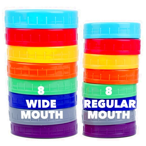 Sensible Needs 16 Pack Colored Plastic Ball Jar Lids, Kerr - 8 Regular Mouth & 8 Wide Mouth for Mason Jars for Canning, Reusable Mason Jar Plastic Lids for Yogurt