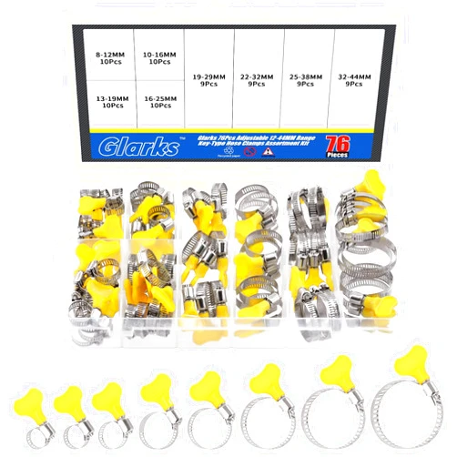Glarks 76Pcs Adjustable 8-44MM Range Hose Clamps Assortment Kit Key-Type Stainless Steel Worm Gear Hose Clamp with Plastic Handle for Water Pipe, Plumbing, Automotive and Mechanical Application