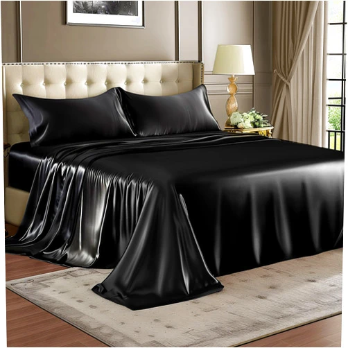 BEDELITE Satin Sheets Queen Size Bed Set, Luxury Soft Black Silky Sheets for Hair and Skin, Similar to Silk Bed Sheets Set 4 Pieces with 1 Deep Pocket Fitted Sheet, 1 Flat Sheet, and 2 Pillowcases