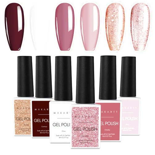 Makartt Gel Nail Polish Kit 6 Colors White Nude Pink Gel Nude Beauty Gift Set Spring Color Nail Polish Glitter Brown Gel Nail Polish Set Soak Off Gel Polish DIY Nail Manicure