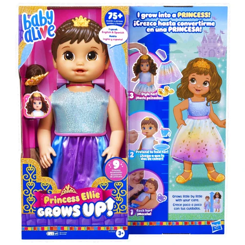 Baby Alive Princess Ellie Grows Up! Brown Hair, Interactive Doll with Accessories, Toys for 3+ Years Old Girls and Boys, 18-Inch