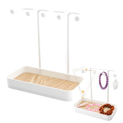 RVXlRDN Jewelry Organizer Stand Necklace Holder, Jewelry Rack with Wooden Tray, 5 Hooks Necklaces Hanging Small Jewelry Display Storage for Bracelets Earrings Rings Watches(white)