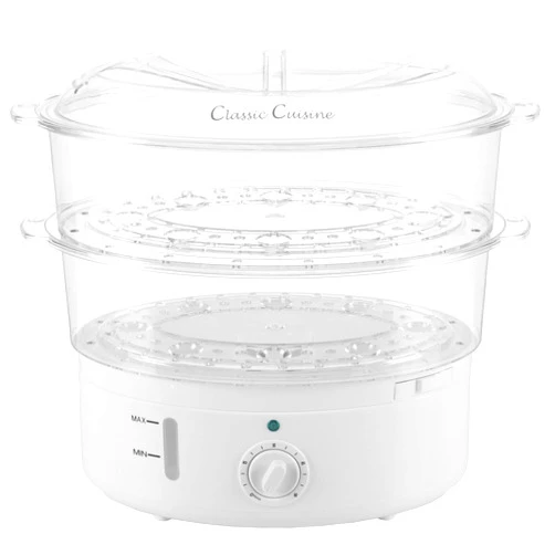 Classic Cuisine Food Steamer and Rice Cooker in one, Two-Tier Food Steamer for Healthy Meals anytime, cooks Vegetables, Fish, Dumplings, Eggs and more, 6.3 QT, Clear