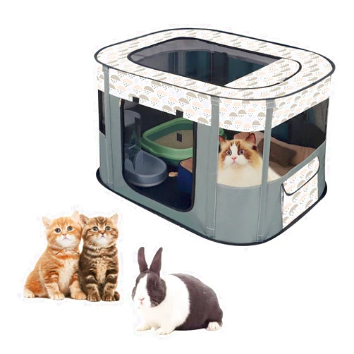 Hamiledyi Portable Cat Playpen, Foldable Rectangle Puppy Exercise Playpen, Small Pet Delivery Room, Pet Travel Breathable Bed Indoor Outdoor Collapsible Kennel for Small & Medium Sized Animals (Grey)