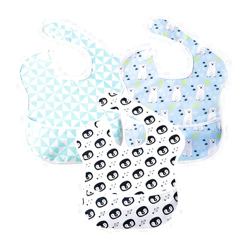 Little Dimsum 3 pack Baby Bibs Waterproof Bib Easy to Clean Feeding Bibs Weaning Bibs Adjustable Closed for Babies Toddlers with Large Pocket 6-36Months(Penguin & Bear & Triangle)
