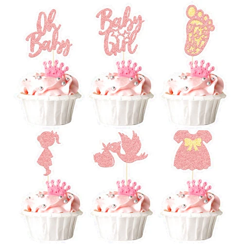 Ephlyn 24Pcs Baby Shower Oh Baby Cupcake Toppers Rose Gold Glitter Bow Dress Footprint Swan Baby Girl Cake Picks Decorations for Baby Shower Gender Reveal Girls Birthday Party Supplies