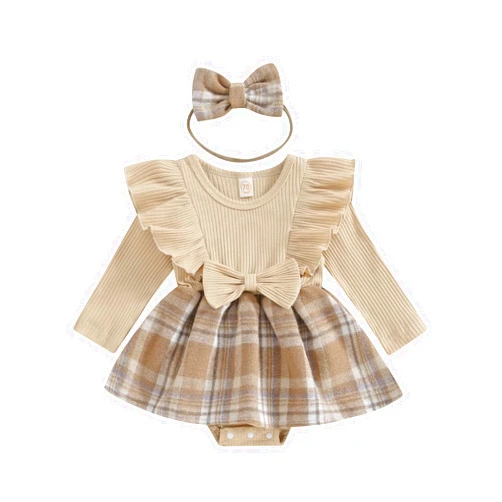 Aporake Fall Baby Girl Clothes Ribbed Knit Romper Newborn Dress Infant Ruffle Long Sleeve Jumpsuit Headband Winter Outfits